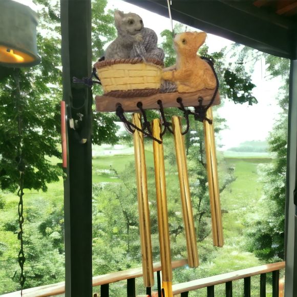Wind Chimes Two Kittens Playing with Yarn Balls Basket Metal Rod  Resin 7.5" - Picture 1 of 6